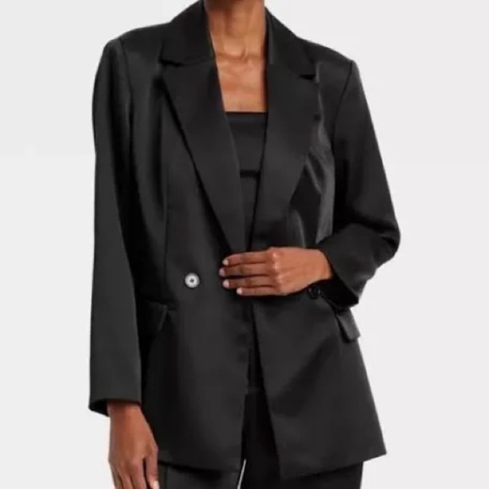 A New Day Satin Black Oversized Jacket Double Breasted Blazer XS